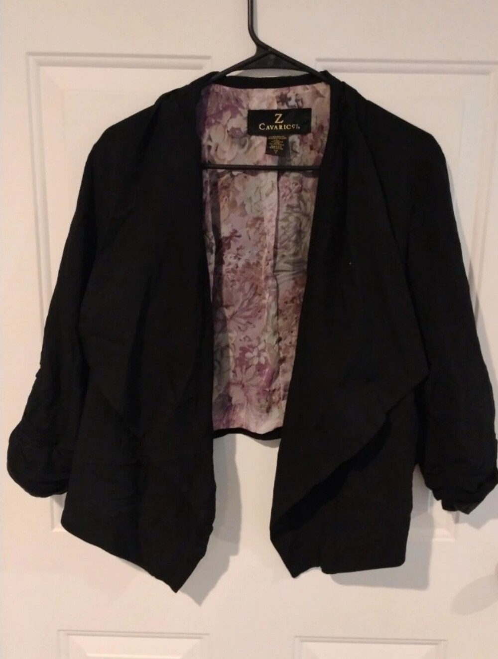 Z Cavaricci Black Open Front Drape Blazer Floral Satin Lining - Size 2